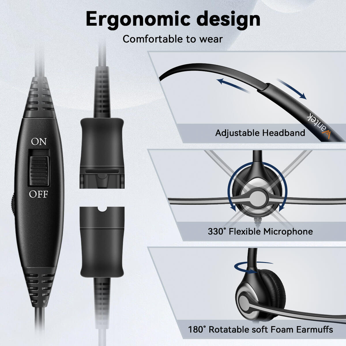 Wantek® h600 RJ9【RJ1】 wired headset with QD for call center