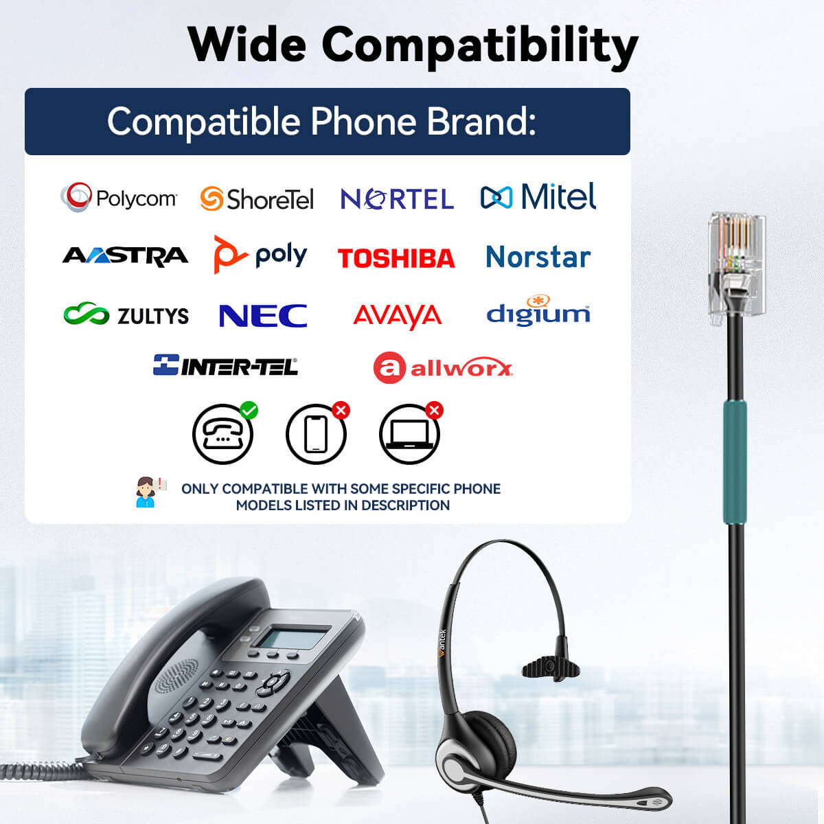 Wantek® h600 RJ9【RJ1】headst for landline phones