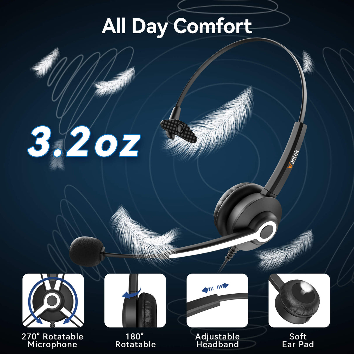 Wantek® h681 mono 3-in-1 USB headset for phones