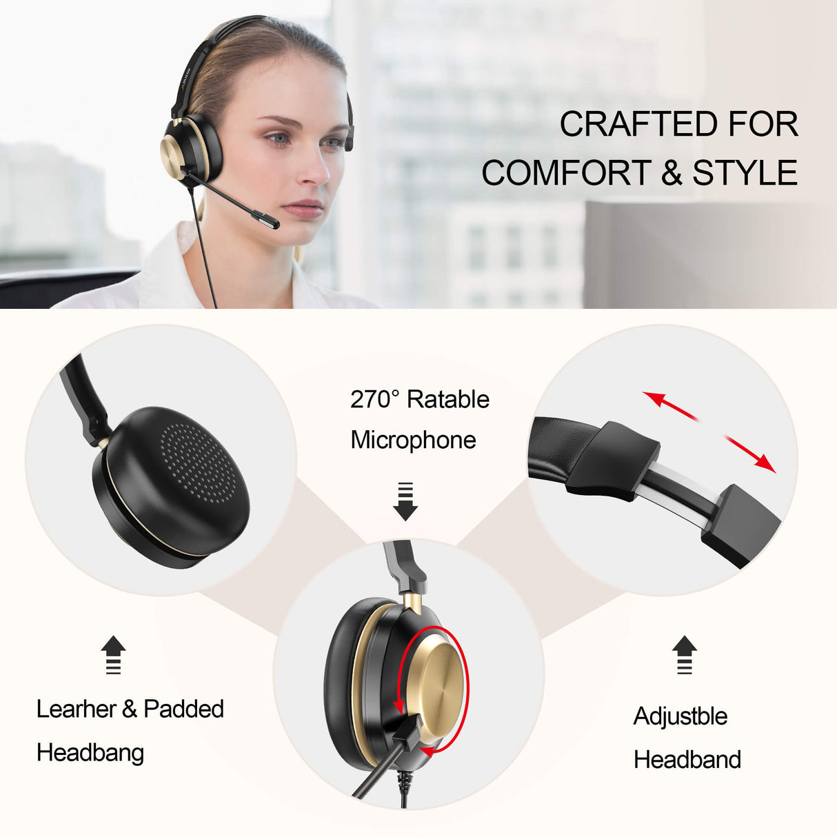 Wantek® h882 stereo 3-in-1 USB headset for Phones/Laptop/PC
