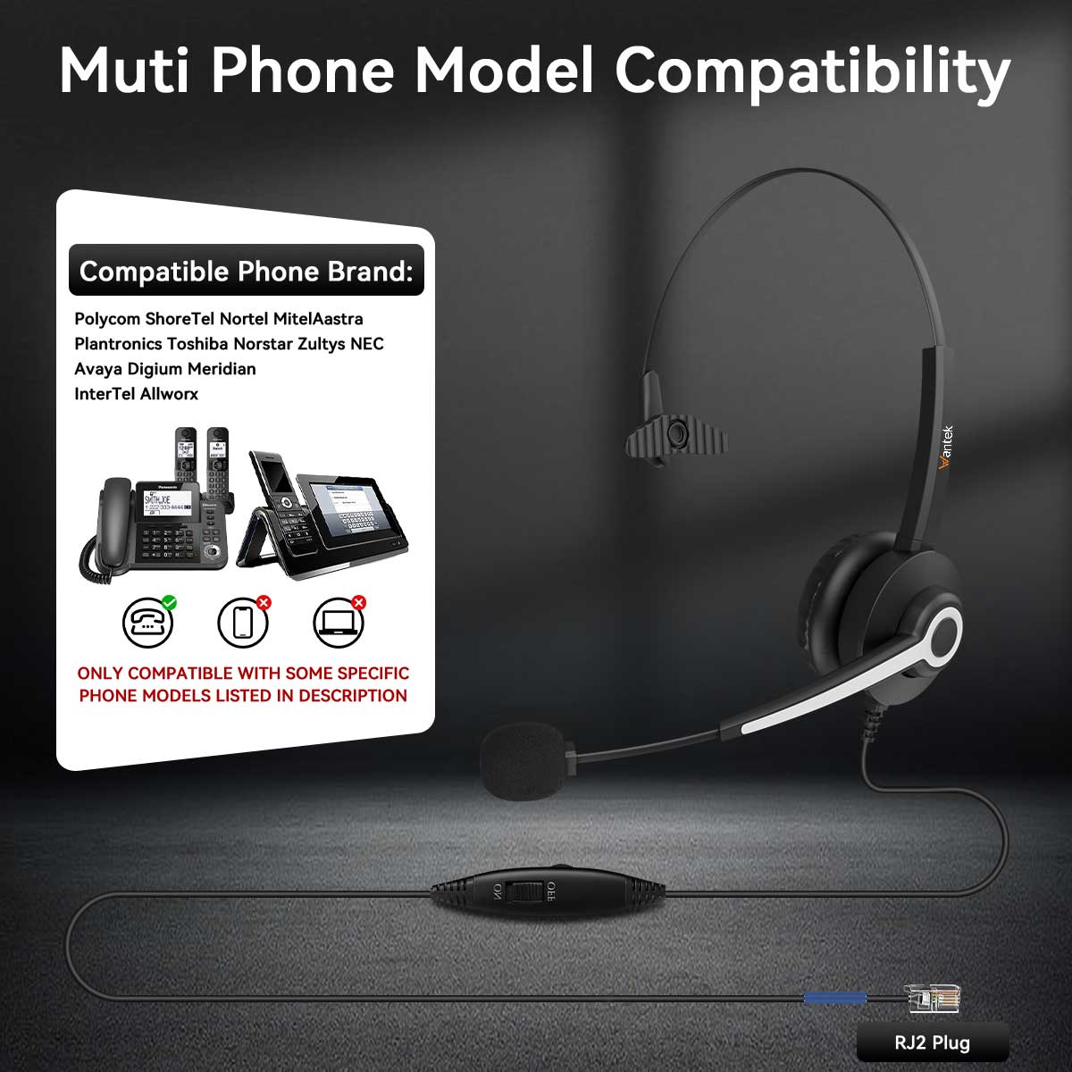 Wantek® h681 mono RJ9【RJ2】headset for corded phones